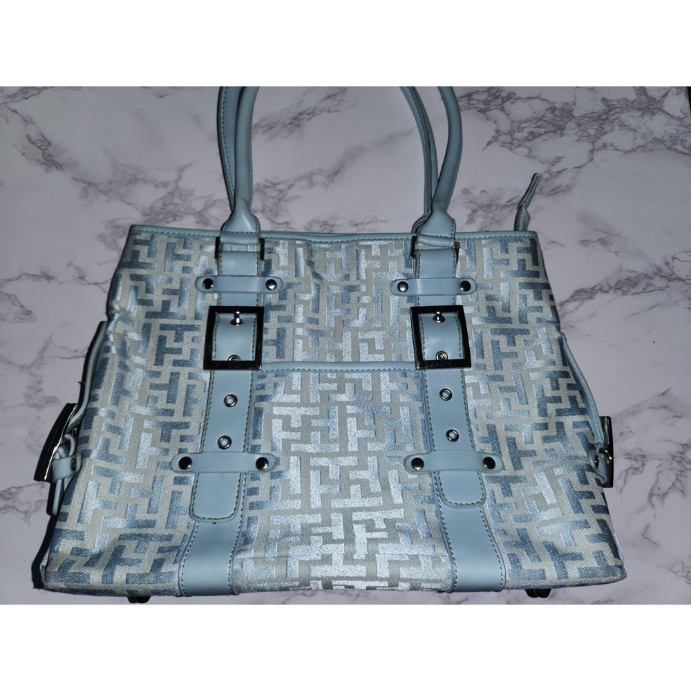 T&T Light Blue Monogram Jacquard Tote Bag Silver Buckle Accents Handbag